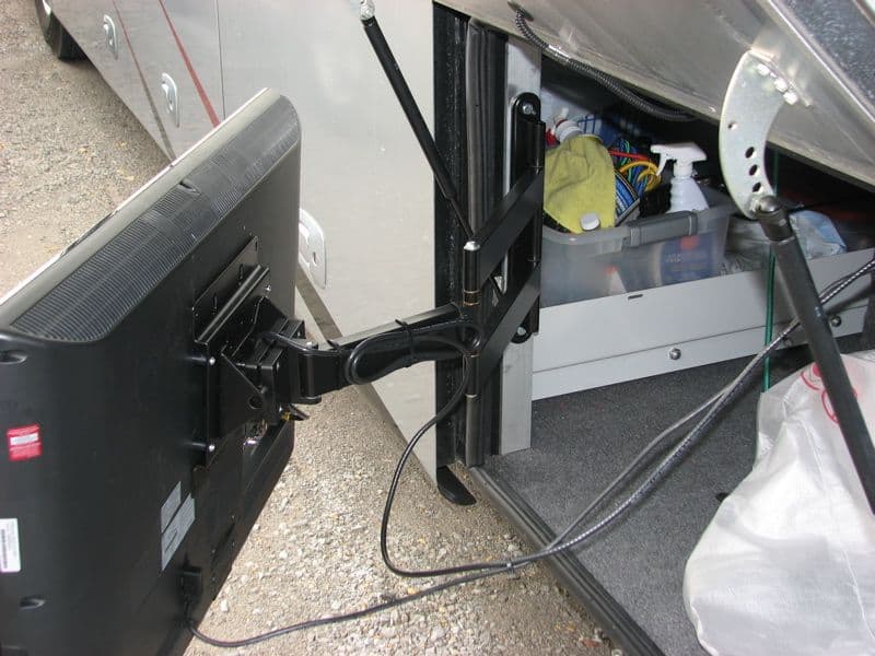 rv TV mount in storage bay